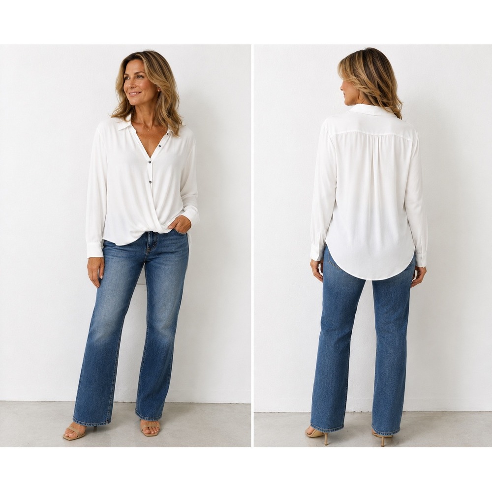 Sundance Wrap Front Button Down Top XL White Long Sleeve Cotton Modal Blouse